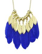 Romwe New Style Long Gold Plated Leaf Blue Statement Feather Necklace