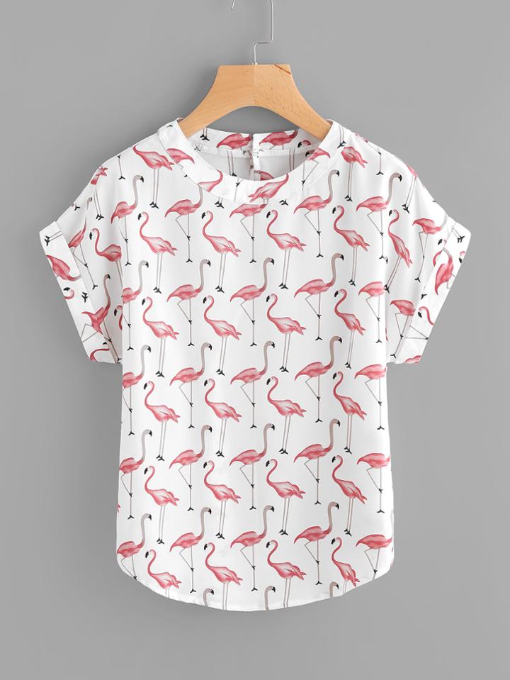 Romwe All Over Flamingo Print Curved Hem Cuffed Blouse