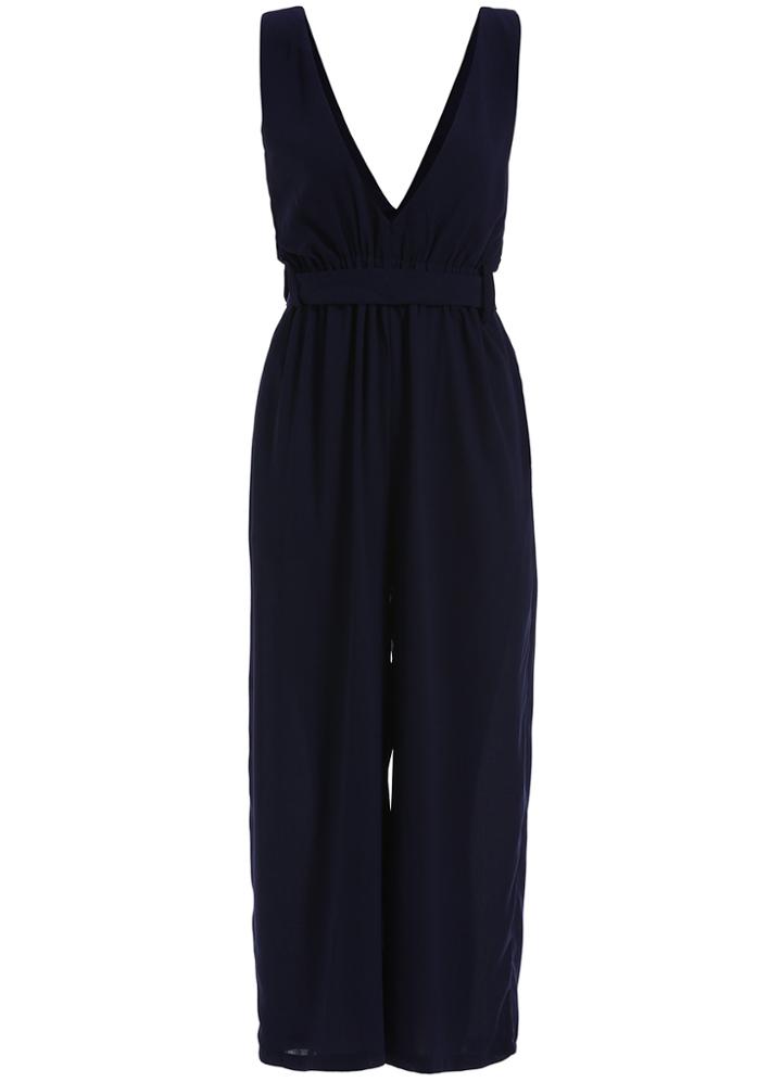Romwe Deep V Neck Sleeveless Navy Jumpsuit