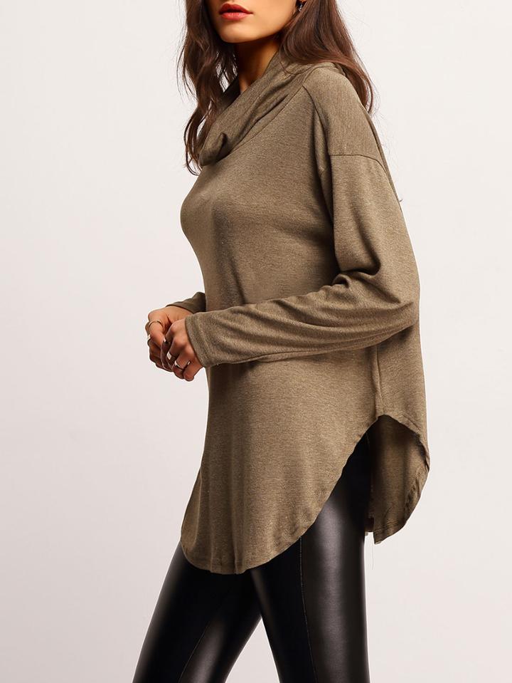 Romwe Green Long Sleeve High Neck T-shirt