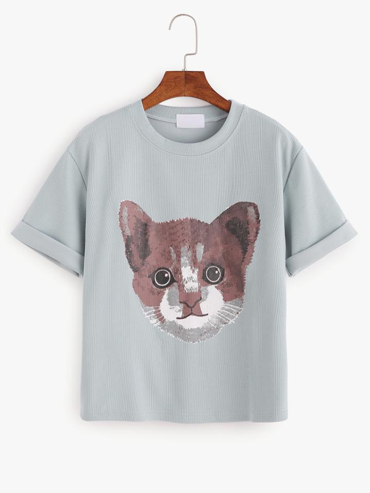 Romwe Cat Print Roll Sleeve T-shirt