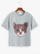 Romwe Cat Print Roll Sleeve T-shirt