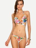 Romwe Multicolor Cross Wrap Flower Print Bikini Set