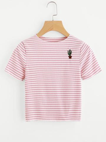 Romwe Contrast Striped Potted Embroidered Ribbed Tee