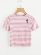 Romwe Contrast Striped Potted Embroidered Ribbed Tee