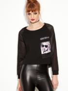 Romwe Black Contrast Hollow Sleeve Printed Patches Fringe Sweatshirt