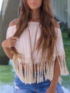 Romwe Off The Shoulder Hollow Out Fringe Top