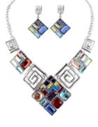 Romwe Multicolor Gemstone Silver Hollow Necklace With Earrings