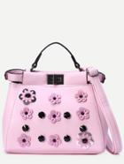 Romwe Pink Flowers And Rivet Embellished Tote Bag With Strap