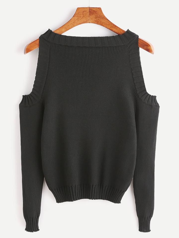 Romwe Black Open Shoulder Long Sleeve Sweater