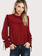 Romwe Belted Flounce Sleeve Frill Trim Top