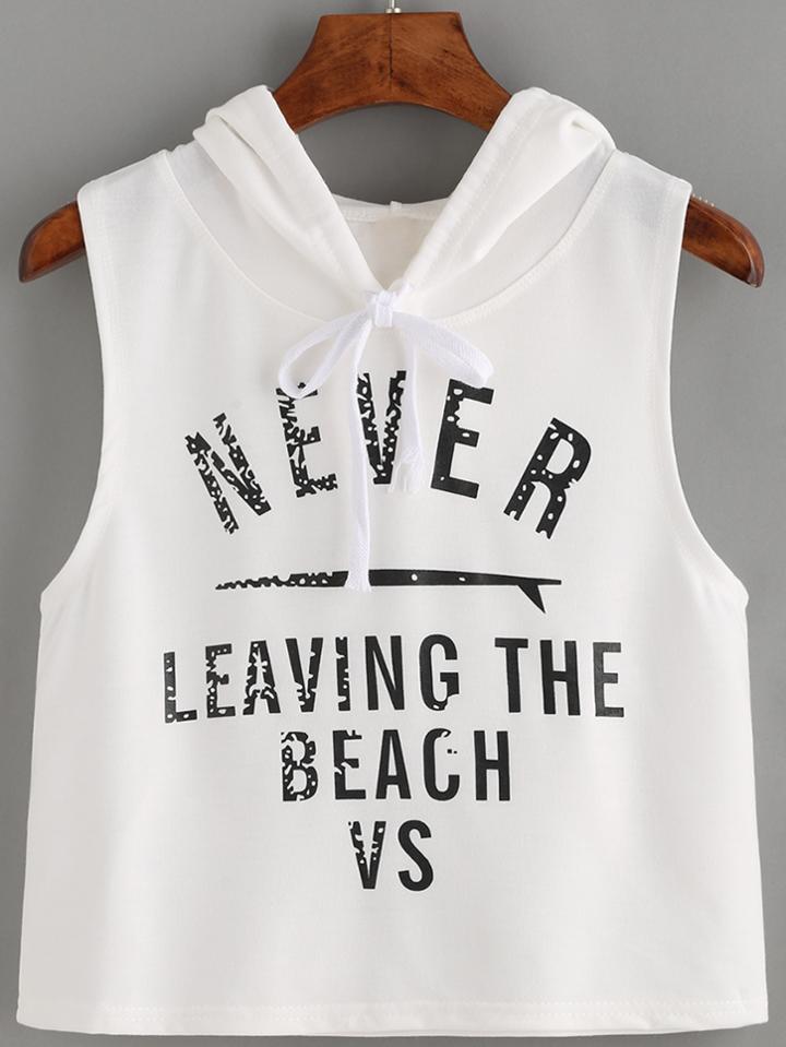 Romwe White Letter Print Hooded Crop Top