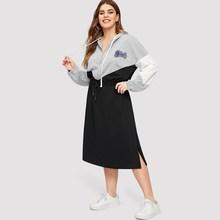 Romwe Plus Letter Embroidered Zip Split Side Hoodie Dress