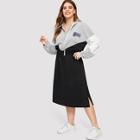 Romwe Plus Letter Embroidered Zip Split Side Hoodie Dress