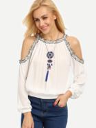 Romwe White Cold Shoulder Crew Neck Long Sleeve Blouse