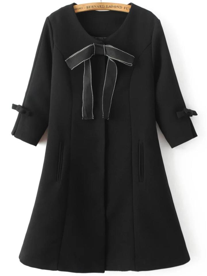 Romwe Black Bow Embellished Hidden Button Slim Coat