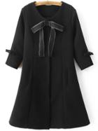 Romwe Black Bow Embellished Hidden Button Slim Coat