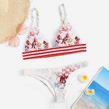 Romwe Floral Triangle Top With Cheeky Bikini Set