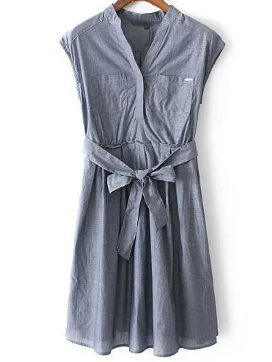 Romwe Dark Grey Cap Sleeve V Neck Tie Waist Dress