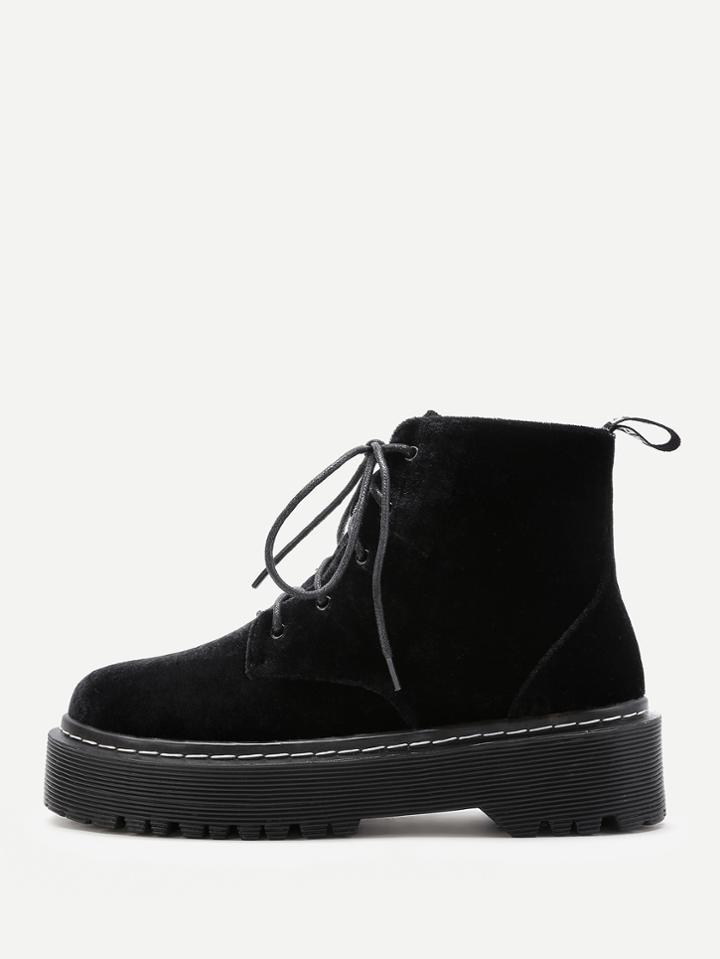 Romwe Velvet Lace Up Rubber Sole Short Boots
