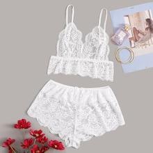Romwe Floral Lace Sheer Bralette With Shorts