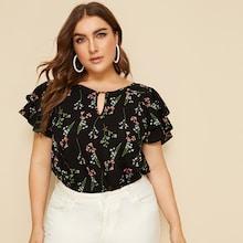 Romwe Plus Keyhole Neckline Layered Sleeve Floral Top