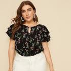 Romwe Plus Keyhole Neckline Layered Sleeve Floral Top