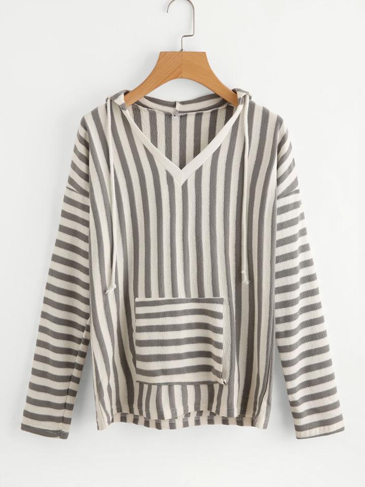 Romwe Block Stripe Pocket Front Hooded Sweatshirt