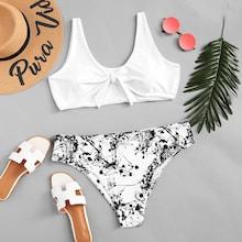 Romwe Plus Knot Front Top With Ink Drawing Print Bikini Set