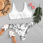Romwe Plus Knot Front Top With Ink Drawing Print Bikini Set