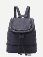 Romwe Black Pu Studded Drawstring Flap Backpack