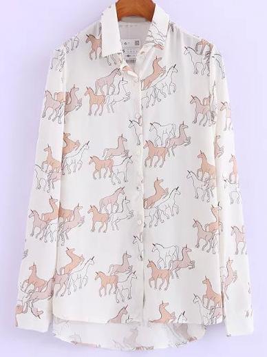 Romwe White Lapel Unicorn Print Dip Hem Blouse