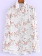 Romwe White Lapel Unicorn Print Dip Hem Blouse