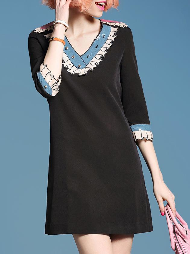 Romwe Black V Neck Sequined Pockets Shift Dress