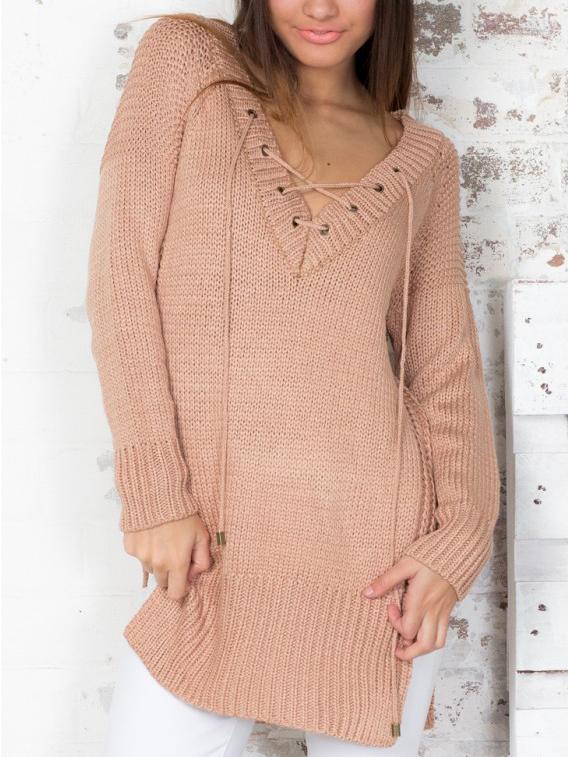 Romwe Pink Lace Up Embellished V Neck Split Sweater