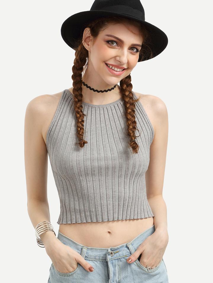 Romwe Grey Ribbed Crop Tank Top