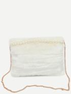 Romwe White Beaded Faux Fur Clutch With Chain Strap