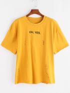 Romwe Mustard Ripped Letter Print T-shirt