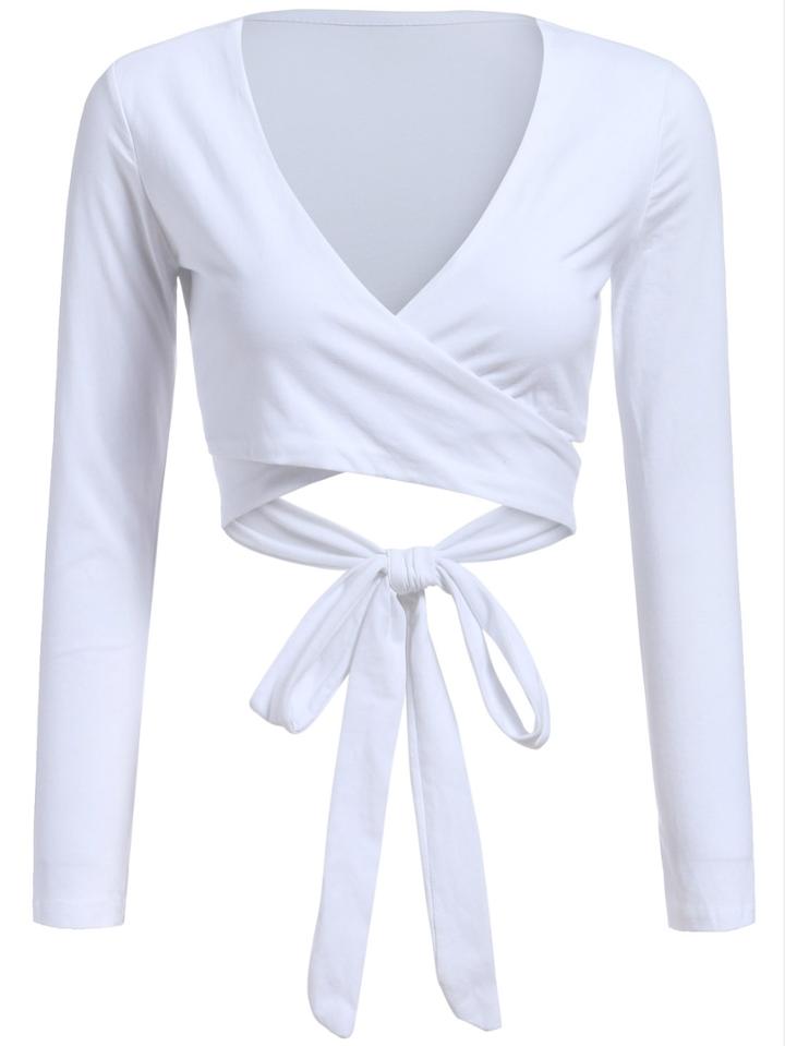Romwe V Neck Self-tie Crop White T-shirt