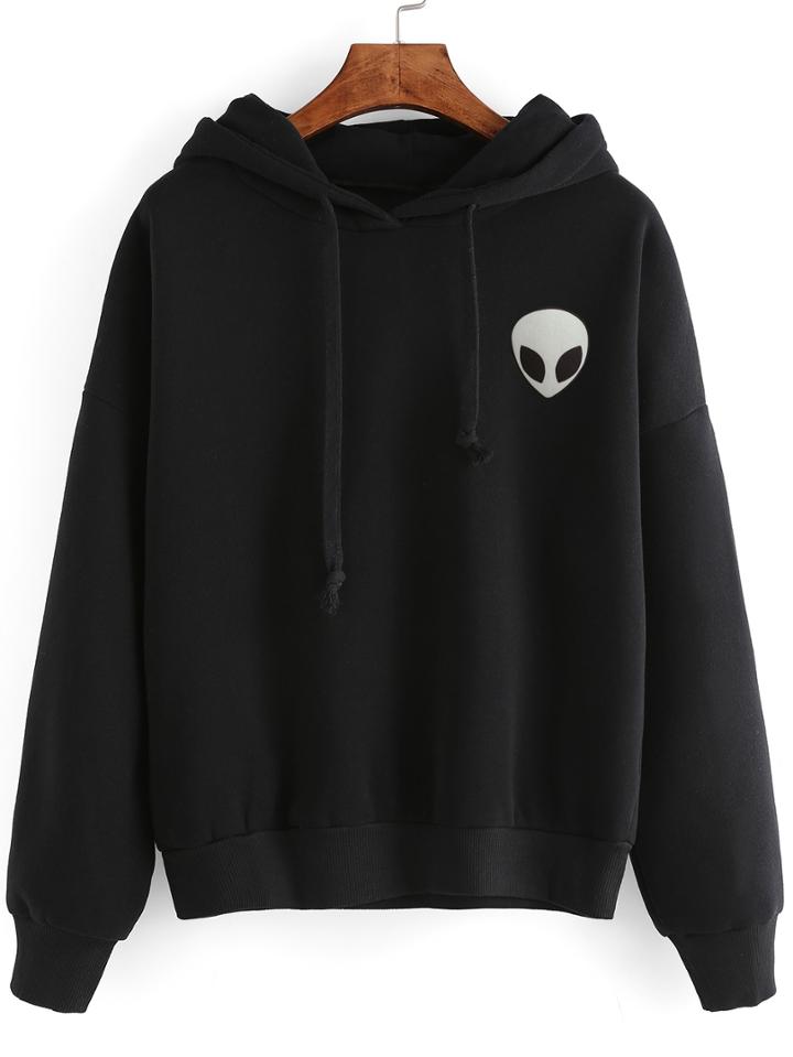 Romwe Black Alien Print Hooded Sweatshirt