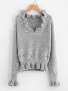 Romwe V Neckline Frill Trim Knit Sweater