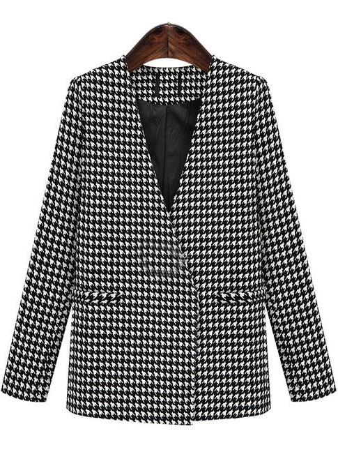 Romwe V Neck Houndstooth Loose Coat
