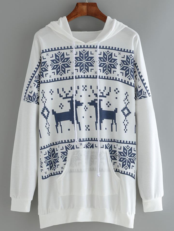 Romwe Hooded Drawstring Deer Snowflake Print Long Sweatshirt