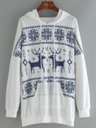 Romwe Hooded Drawstring Deer Snowflake Print Long Sweatshirt