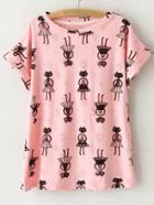Romwe Pink Short Sleeve Ripped Hole Print T-shirt