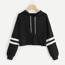 Romwe Varsity Sleeve Drawstring Detail Hoodie