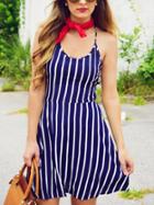 Romwe Lace-up Back Vertical Striped Dress - Blue