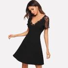 Romwe Embroidered Mesh Insert Fit And Flare Dress