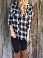 Romwe Black White Lapel Long Sleeve Plaid Blouse