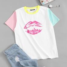 Romwe Cut-and-sew Lip Print Ringer Tee